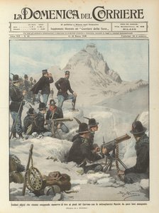 Alpinsoldater som utför skjutmanövrar vid foten av Matterhorn med maskingevär?