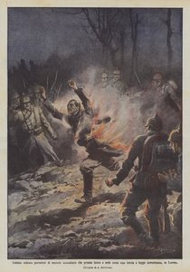 Tysk soldat som bär brandmaterial som tar eld och brinner som en fackla och flyr?