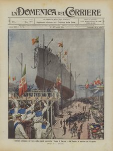 Högtidlig ceremoni för sjösättningen av det stora slagskeppet Conte di Cavour i La Spezia, på morgonen den 10 augusti