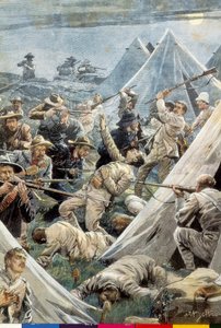 Sydafrika. Andra boerkriget. Attack mot det engelska lägret Tweefontein (1902). Illustration av Achille Beltrame. Gravyr. av Achille Beltrame