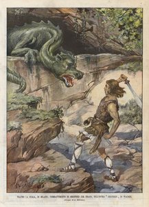 La Scala Theatre, Milano, Siegfrieds kamp med draken, i operan Siegfried Di Wagner av Achille Beltrame