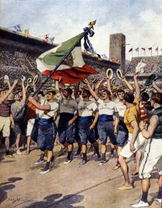 Olympiska spelen i Stockholm 1912: det vinnande italienska gymnastiklaget. Ill. d