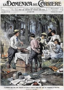 USA:s president Theodore Roosevelt (1858 - 1919) lärde sina söner plikterna för en man i det goda samhället genom att skära av hans ben under en picknick i hans andra bostad i Oister Bay. Illustration av Achille Beltrame. La Domenica del Corriere av Achille Beltrame