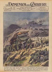 De italienska truppernas frammarsch i Epirus sker djärvt i bergsområden även där det inte finns några vägar (färg litho) av Achille Beltrame