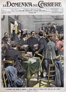 Maxim Gorkis ankomst till mötesrummet på kongressen i London efter revolutionen 1905 i Ryssland. Omslag till La Domenica del Corriere från 1907-05-26. av Achille Beltrame