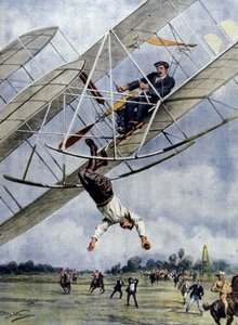 Luftens drama: Orville Wright och den amerikanske löjtnanten Selfridge rusar med sitt plan från trettio meters höjd. Illustration av Beltrame. La Domenica del Corriere. 1908. av Achille Beltrame