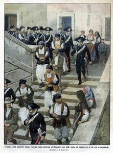 Det sista gänget av sardiska malfrats när de lämnar Assize Court i Cagliari där rättegången äger rum. Illustration av Beltrame. La Domenica del Corriere. 07/1913. av Achille Beltrame