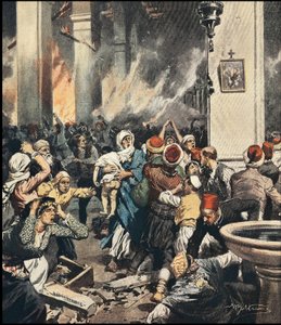 Maskrerna på armenier i Turkiet 1909 i Adana, illustration av Achilles Beltrame (1871-1945) i "La Domenica del Corriere"" i maj 1909 av Achille Beltrame
