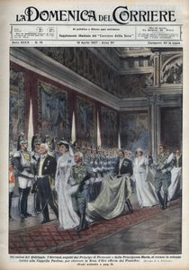 Kungaparet, Victor Emmanuel III (Victor-Emmanuel) (Vittorio Emanuele III) (1869-1947) och hans hustru Helene av Montenegro följt av prins Humbert (Umberto) II och Mary Jose (Marie-Jose av Belgien, Maria José av Savoie) ) gå till Paolina Chapel (Paol av Achille Beltrame