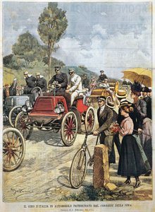 Rundtur i Italien med bil, sponsrad av Corriere della Sera, illustration av Achille Beltrame från La Domenica del Corriere, 19 maj av Achille Beltrame