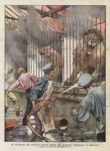 A Fire in the Wild Beasts Allotment in the Berlin Zoological Garden (color litho) av Achille Beltrame