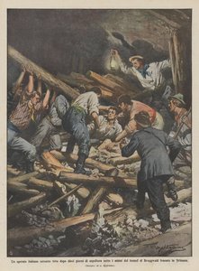 En italiensk arbetare utvunnen levande efter tio dagars begravning under tunnelns stenblock? av Achille Beltrame
