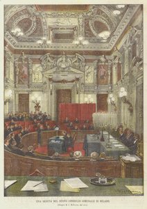 En session i det nya stadsfullmäktige i Milano av Achille Beltrame
