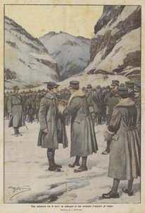 En ceremoni i snön, leverans av två silvermedaljer för tapperhet