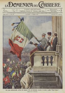 En oförglömlig scen, i rättegångens timme, viftar kungen från Quirinale med trikoloren och ropar Viva lItalia! av Achille Beltrame