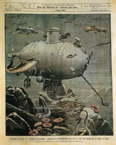 Havsfartyg under vatten för att utforska havsbotten, illustration av Achille Beltrame (1871-1945), från La Domenica del Corriere, 1 mars av Achille Beltrame