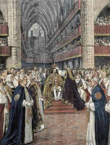 Storbritannien (1901). Kröning av Edward VII i Westminster Abbey. Illustration av Achille Beltrame publicerad i Domenica del Corriere. Gravyr. av Achille Beltrame