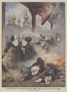 Ett historiskt kloster i brand i Podolia (Europeiska Ryssland), fem katolska nunnor omkom i lågorna
