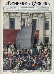Besök av hertigen Benito Mussolini i Messina under en resa till Sicilien. Illustration av Achille Beltrame från "La domenica del corriere"" av 1937-08-22. av Achille Beltrame