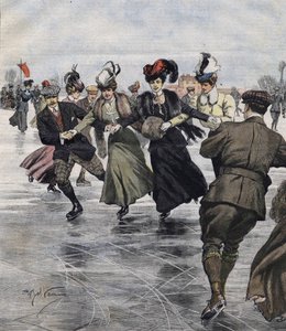 Vinterkul. Skridskoåkare. illustration av Achille Beltrame 1907. av Achille Beltrame