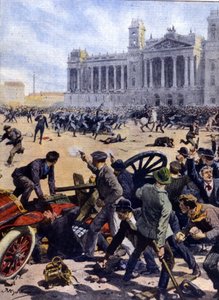 Arbetaruppror i Budapest 1912 för allmän rösträtt. av Achille Beltrame