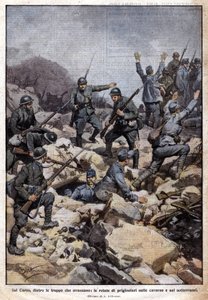Första världskriget: Italiensk front på Carsoplatån (Trentino) och fångar i tunnelbanan. "Domenica del Corriere". 07/1917 (litografi) av Achille Beltrame