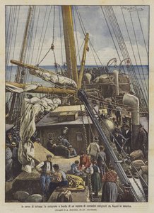 på jakt efter förmögenhet, frukost ombord på en ångbåt av utvandrade bönder från Neapel till Amerika av Achille Beltrame