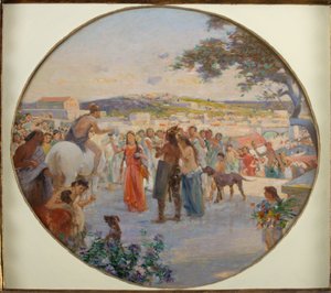 Vårfirande i antikens Rom (olja på duk på kartong) av Achille Boschi