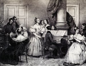 Familjekonsert med piano, av Achille Deveria (1800-1857), gravyr, Frankrike