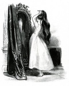 Madame Bovary, för Gustave Flauberts roman - Emma Bovary hopar sitt långa hår framför sin spegel av Achille Devéria