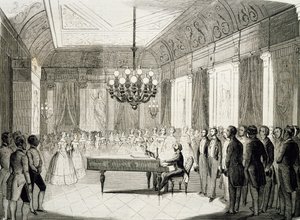 Musikalisk kväll med piano, av Achille Deveria (1800-1857), gravyr, Frankrike