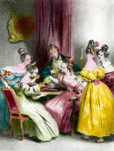 En eftermiddag på Salon de the under restaureringstrycket av Achille Deveria (1800-1857) 1800-tals privatsamling av Achille Devéria