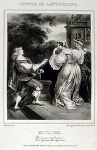 Illustration från "Nicaise" från berättelserna om La Fontaine av Achille Devéria
