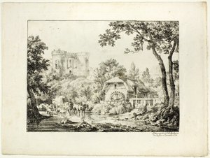 Landskap med kvarn och slott av Achille Etna Michallon