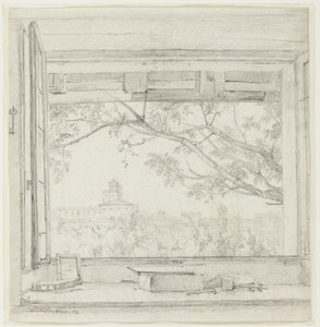 Utsikt över Villa Medici och Sta Trinità dei Monti från Ingres ateljé i Pavillon San Gaetano, Rom av Achille Etna Michallon