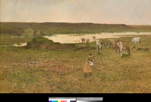 Near Sesto Calende, Lombardiet, Italien eller "Grazing in the Plain" (nära Sesto Calende, Italien eller betande på slätten) Målning av Achille Formis (1832-1906) 1887 Privat samling av Achille Formis Befani