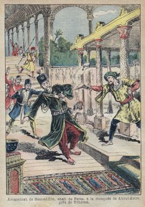 Mordet på Nasser Ed Din (1831-1896), Shah av Persien (Iran) 1896 (även kallad Nasseredin Shah, Nasserer-al-Din Shah Qajar, Nasser al-Din Shah Qajar, Nassiruddin Shah) - Illustration av Achille Lemot för " Le-Pelerin” från 1896 - Mordet på