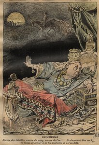 Tecknad film om drottning Victoria av Achille Lemot (1846-1909) - 1899 - Mardröm - fler strider, mer blod, mer guld...