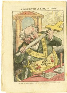 Illustration av Achille Lemot (1846-1909) i Le Pelerin, 23/05/09 - The Snake and the Lime - Antimaconism Freemaking, Religion Faith, Christian Cross, Fables La Fontaine och andra, Katolsk katolicism - Laicisation Laicite Laiques - Ormar - Animalisatio av Achille Lemot