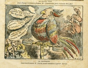 Illustration av Achille Lemot (1846-1909) i Le Pelerin, 26/01/08 - Den stora påfågeln - Greve, Socialism, Carmaux, Humanite (dagbok) - Jaures Jean, Parroquet av Achille Lemot