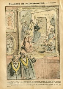 Illustration av Achille Lemot (1846-1909) i Le Pelerin, 31/03/07 - Dialog mellan Francs-Macons - Konst, Antimaconism Freemaking, Religion Tro, Katolsk katolicism - Separation av kyrka och stat, Inventeringar/reaktioner på inventeringar av Achille Lemot