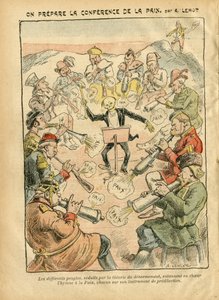 Illustration av Achille Lemot (1846-1909) i Le Pelerin, 03/02/07 - Förbereder fredskonferensen - Ryssland, Tyskland Preussen, Asien, Musik, Amerika USA USA, England Storbritannien, Öst, Europa, Italien, Kina, Kanoner , snäckor, Fred, Dans, Frankrike, Nedru av Achille Lemot