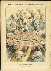 Illustration av Achille Lemot (1846-1909) i Le Pelerin, 03/06/06 - Nästa uthyrning av kamrarna - Antiparlamentarism, Deputeradekammaren Hemicycle, Galette des rois - Deputerad av Achille Lemot