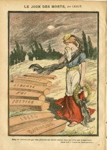 Illustration av Achille Lemot (1846-1909) i Le Pelerin, 03/11/07 - The Day of the Dead - Rättvisa processer, Religion Faith, Liberte, Frankrike, Trefärgad flagga, Patriotism, Mourning Obseque Begravning, Honour, Casket - Marianne - Döden, religiös metafor av Achille Lemot