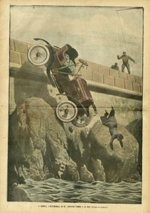 Illustration av Achille Lemot (1846-1909) i Le Pelerin, 05/05/07 - I Cannes faller herr Liegards bil till havet - Diverse fakta, Bilindustri, Marine Seaside, Olyckor Katastrofer av Achille Lemot