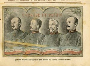 Illustration av Achille Lemot (1846-1909) i Le Pelerin, 20/11/04 - Fyra nya offer för blockhat - Armee, Fiche-affären, Patriotism - Rollin-överste, Mareschal-kapten, Dautriche, Francois-kapten av Achille Lemot
