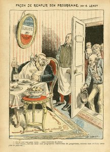 Illustration av Achille Lemot (1846-1909) i Le Pelerin, 23/07/05 - Hur man fullföljer sitt program - Social, Misere, Gastronomiskock, Socialism - Jaures Jean, Deputat, Homemans - Matmetafor, Opposition/Association