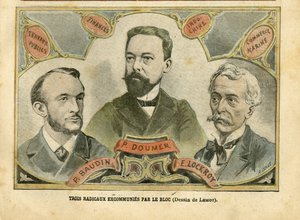 Illustration av Achille Lemot (1846-1909) i Le Pelerin, 23/10/04 - Tre radikala excommunies av blocket - Budgetekonomi, republikens president, Maritime Marine Nautique Balneaire, Bloc des left, Indokine, Works publics - Doumer Paul (1857-1932), av Achille Lemot