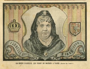 Illustration av Achille Lemot (1846-1909) i Le Pelerin, 24/04/04 - Drottning Isabelle, som just dog i Paris - Paris, Spanien, monarki, utländsk suverän - Isabella II av Spanien (1830-1904) av Achille Lemot