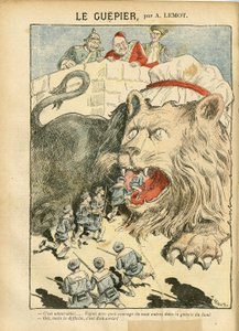 Illustration av Achille Lemot (1846-1909) i Le Pelerin, 25/08/07 - Le Guepier - Kriget, Tyskland Preussen, England Storbritannien, Spanien, Maritime Marine Seaside - Lion/Tiger av Achille Lemot